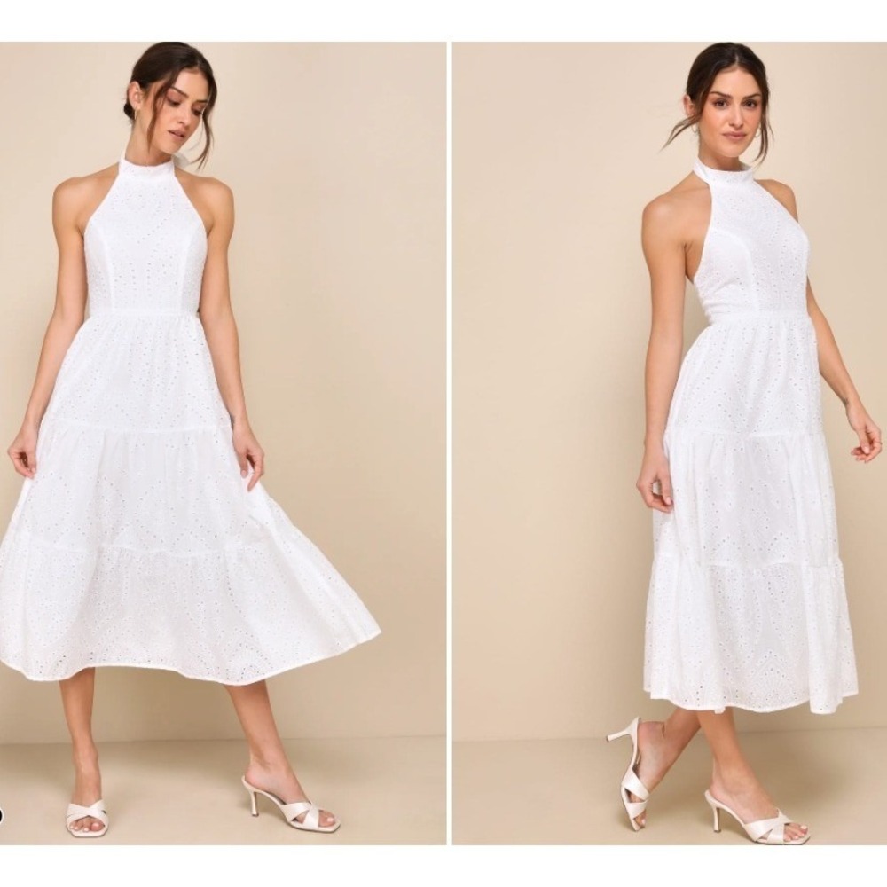 Lulus Halter Eyelet Midi Dress Women Size L White Tiered Embroidered‎ Grad Bride